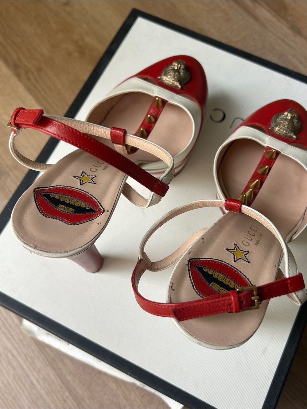 Gucci Red and White Stripe Platform Heels with Stud and Emblem Detail - Picture 12 of 13